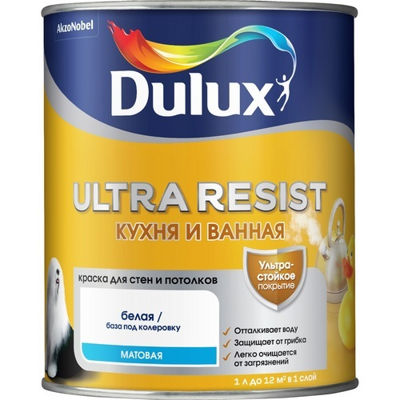 Краска влагостойкая Dulux Ultra Resist Кухня и ванная матовый база BW 1 л